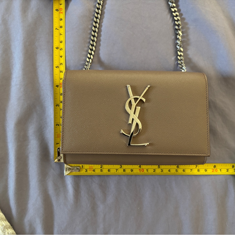 YSL Small Kate Leather Chain Flap Bag Grained Crossbody Taupe Brown Fleur - Picture 11 of 13